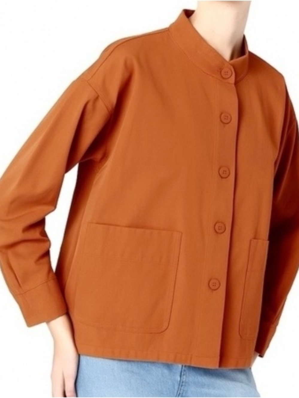 Eileen Fisher Rust-Orange Mandarin Collar 100% Organic Cotton Jacket - XL